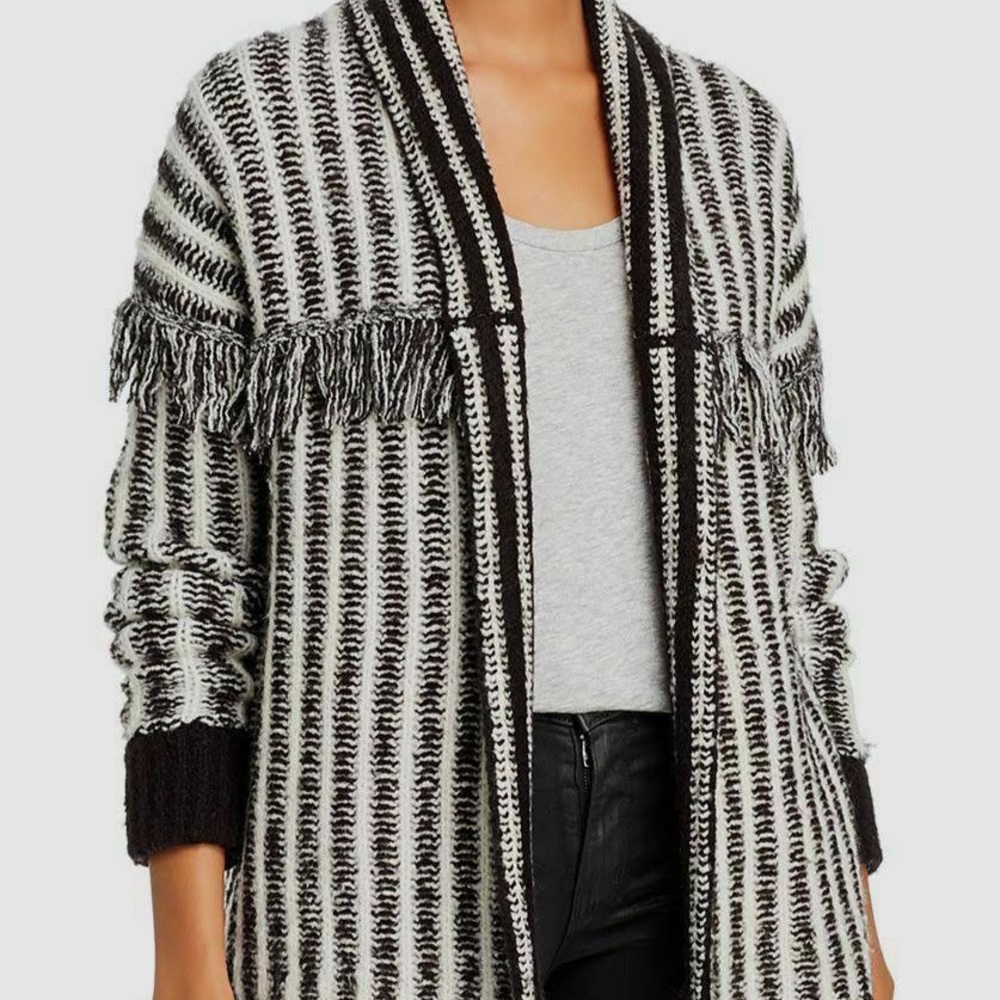 Aqua Black & White Fringe Cardigan Sweater